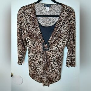 Brittany Black Women's‎ Leopard Print Ruched Top L Sparkle Sequin Buckle Y2K